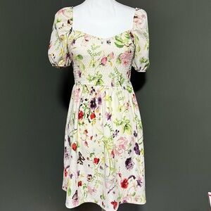 H&M Cottagecore Floral Puff Sleeve Mini Dress XS White